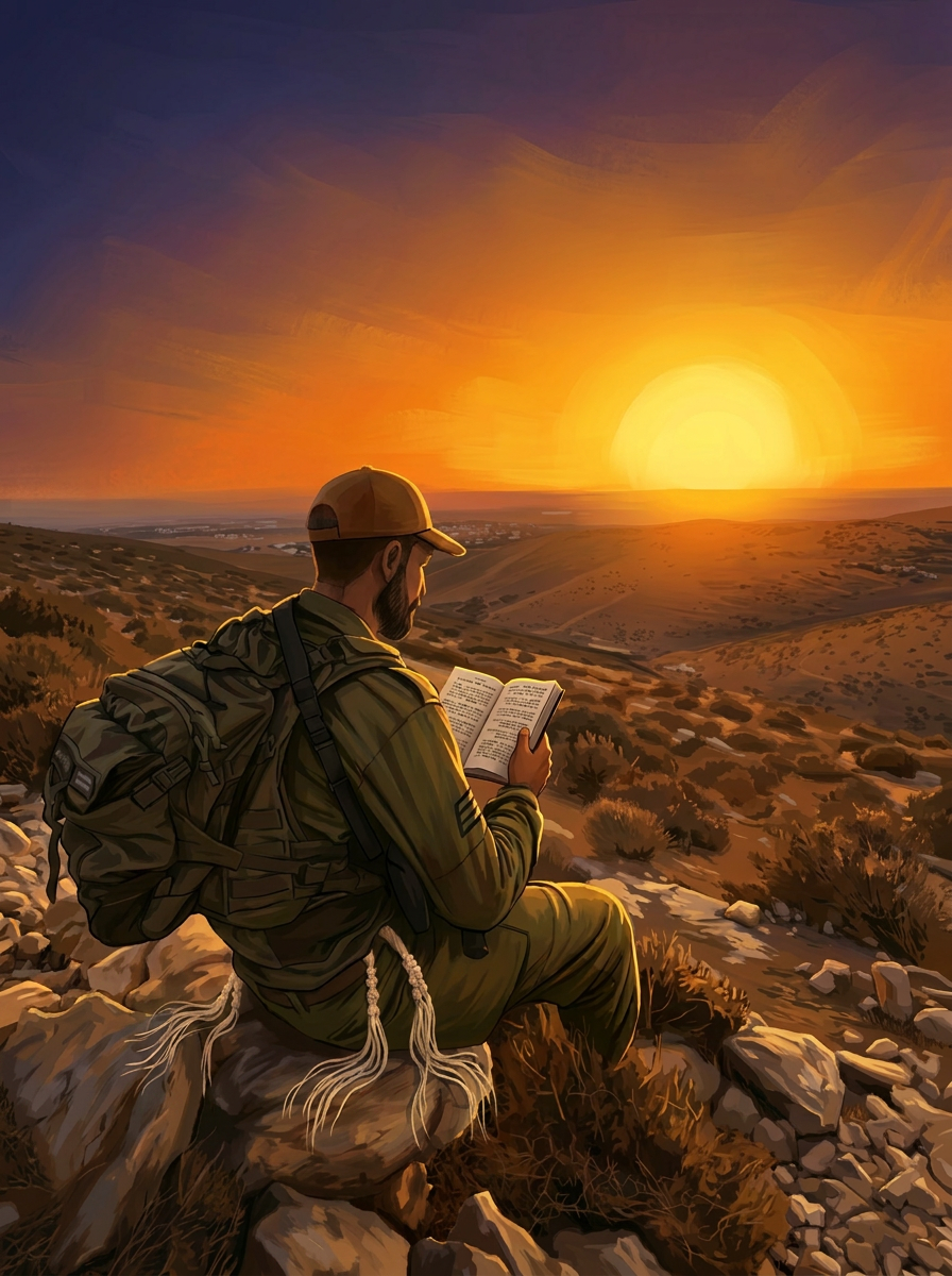 IDF soldier learning Torah at sunset over the desert
